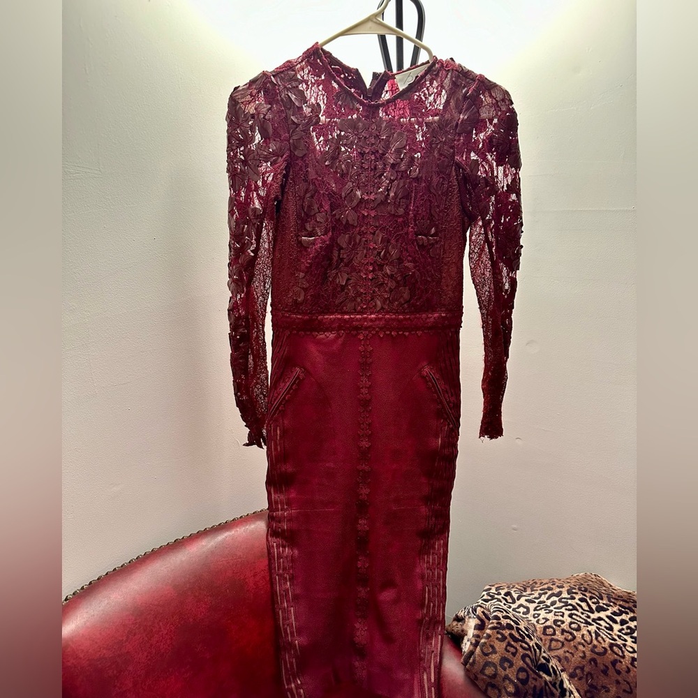 Byron Lars Deep Red Lace Long Sleeve Dress